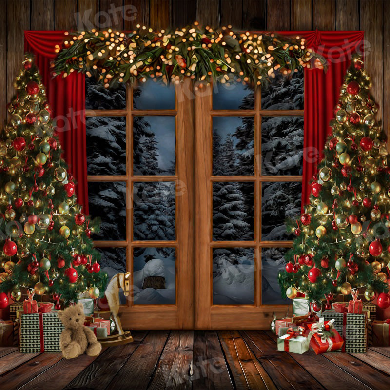 Kate Weihnachten Hintergrund Fenster Vintage Holz Bäume für Fotografie