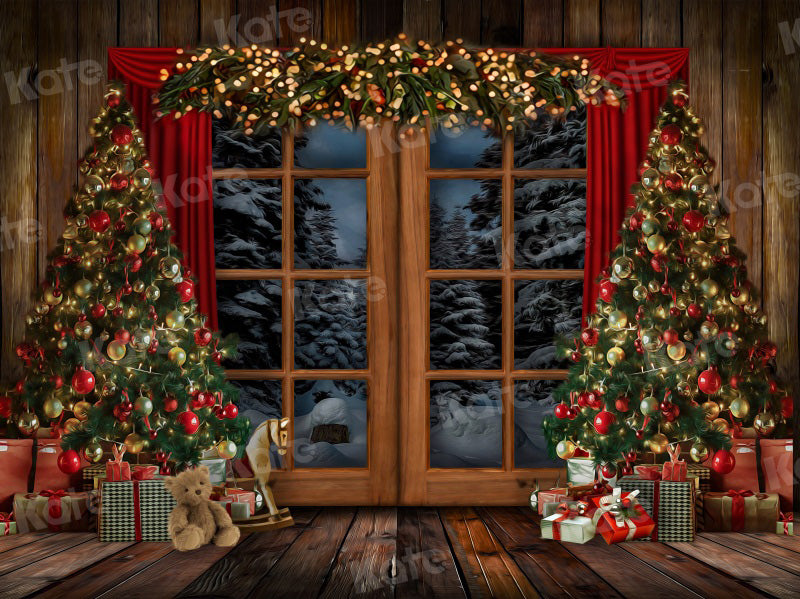 Kate Weihnachten Hintergrund Fenster Vintage Holz Bäume für Fotografie - Kate Backdrop.de