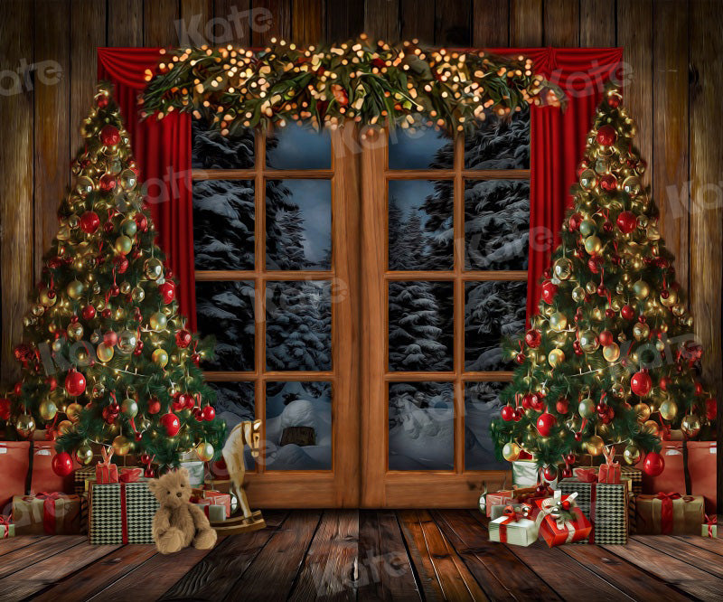 Kate Weihnachten Hintergrund Fenster Vintage Holz Bäume für Fotografie - Kate Backdrop.de