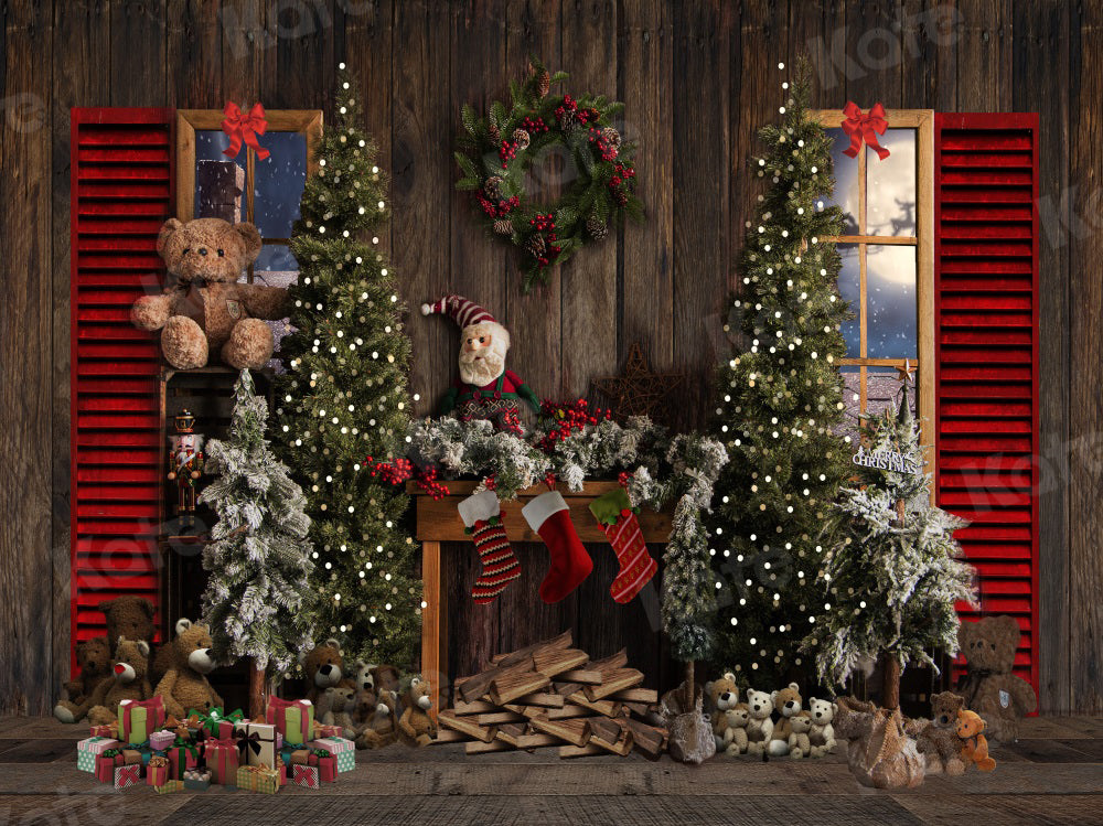 Kate Vintage Holz Hintergrund Weihnachten Kamin Teddybär für Fotografie - Kate Backdrop.de