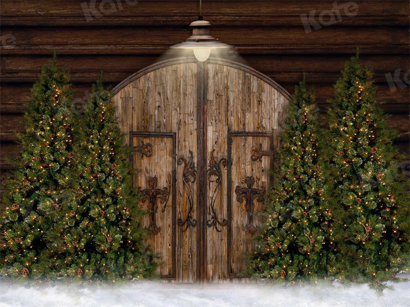 Kate Weihnachten Hintergrund Scheune Tür Bäume für Fotografie