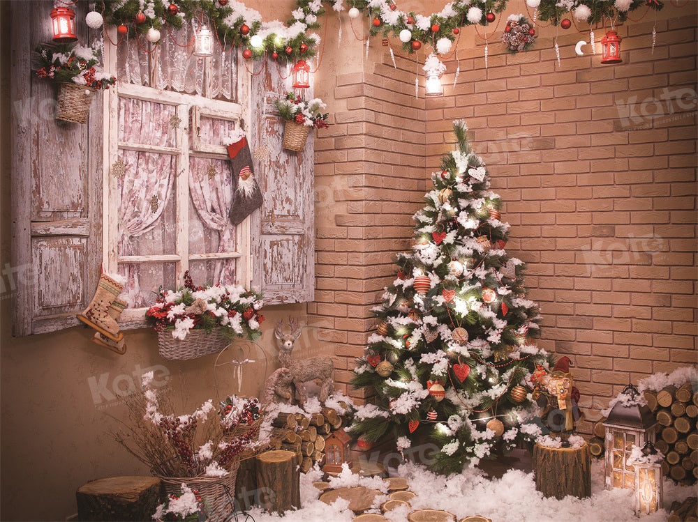 Kate Weihnachten Schnee Bäume Fenster Hintergrund für Fotografie