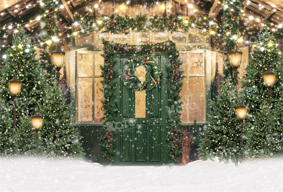 Kate Weihnachten Schnee Grün Tür Bäume Hintergrund für Fotografie - Kate Backdrop.de