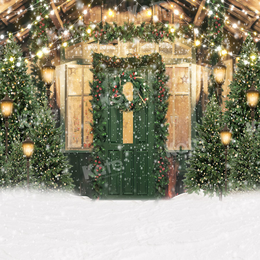 Kate Weihnachten Schnee Grün Tür Bäume Hintergrund für Fotografie