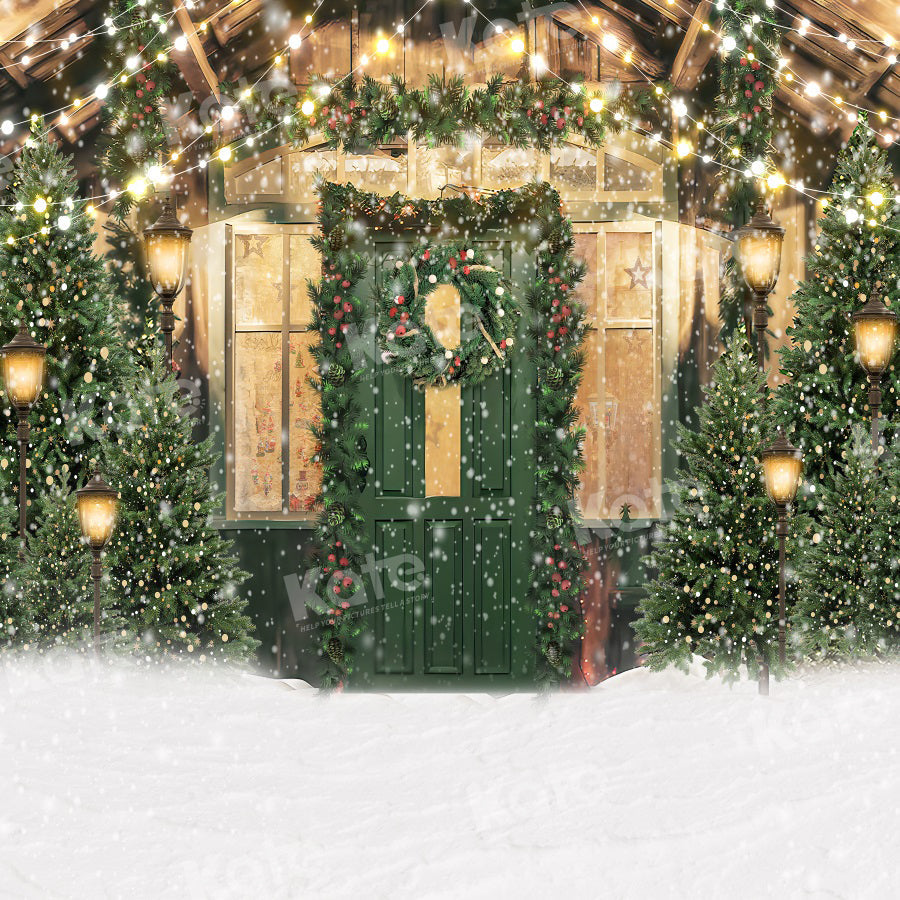 Kate Weihnachten Schnee Grün Tür Bäume Hintergrund für Fotografie - Kate Backdrop.de