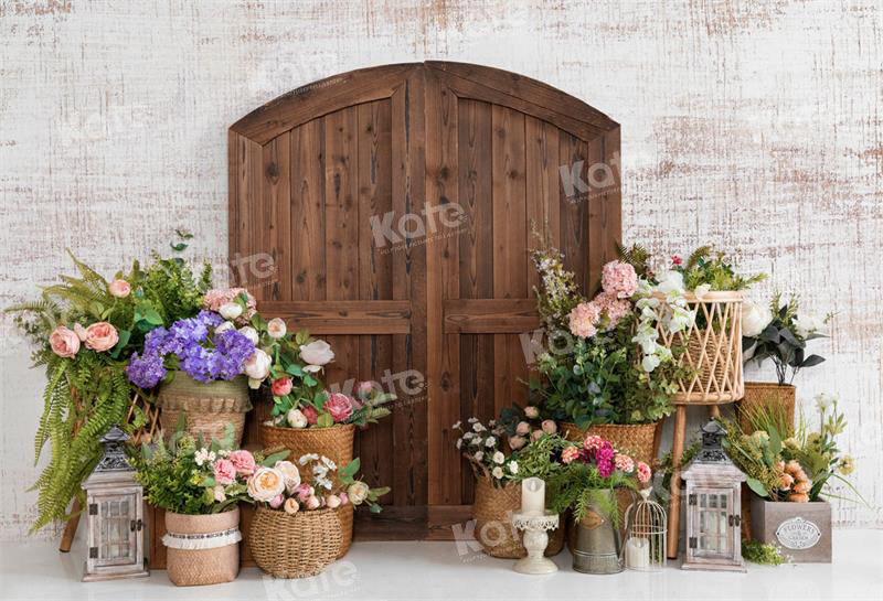 Kate Frühling Blume Korb Scheune Tür Hintergrund für Fotografie