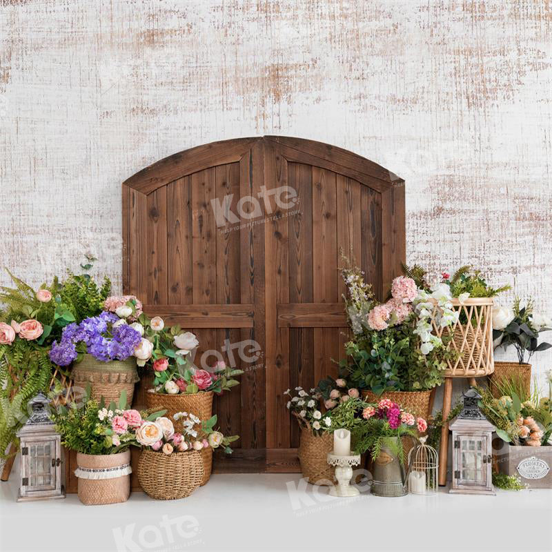 Kate Frühling Blume Korb Scheune Tür Hintergrund für Fotografie