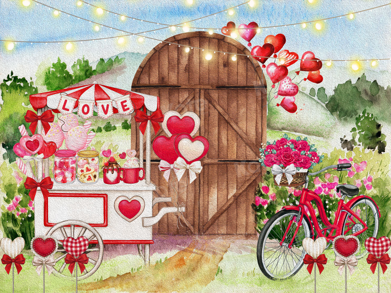 Kate Valentinstag Malerei Liebe Candy Cart Tür Hintergrund für die Fotografie