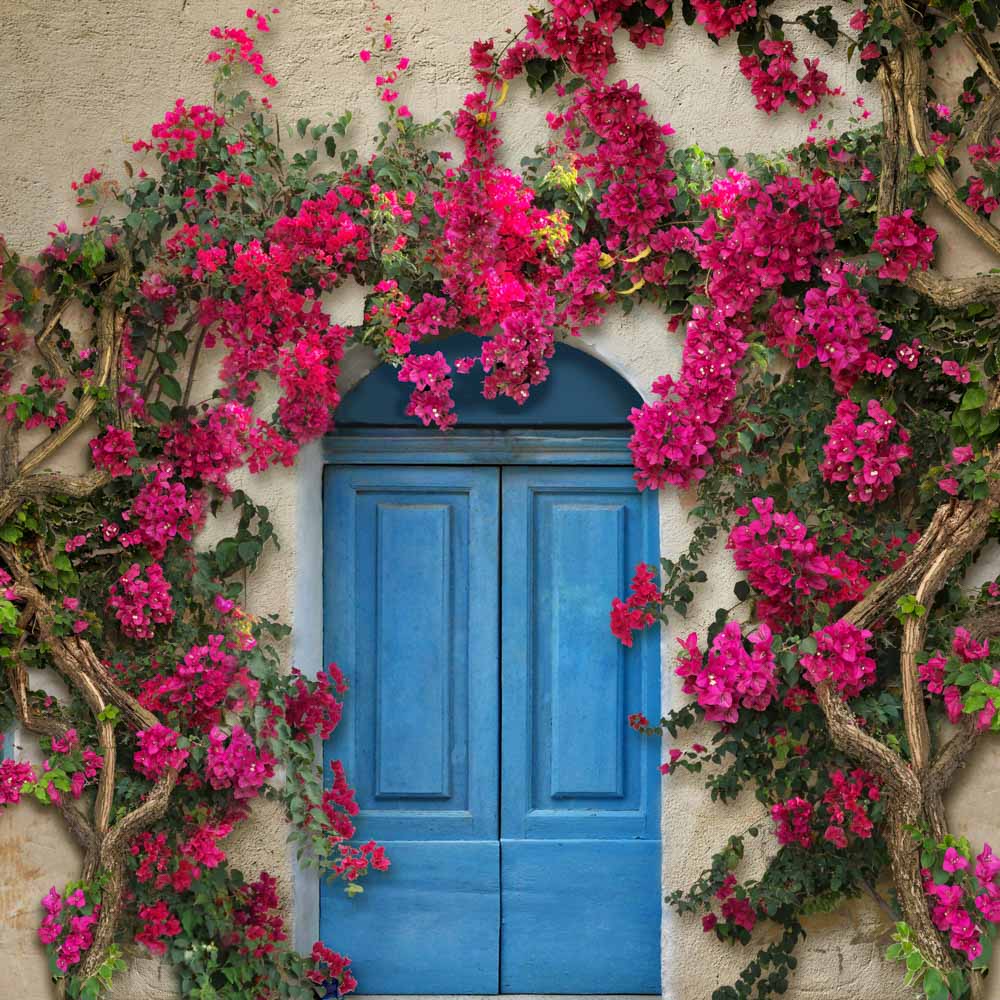 Kate Frühlingsblumenwand im mediterranen Stil Blaue Tür Hintergrundkulisse von Chain Photography - Kate Backdrop.de