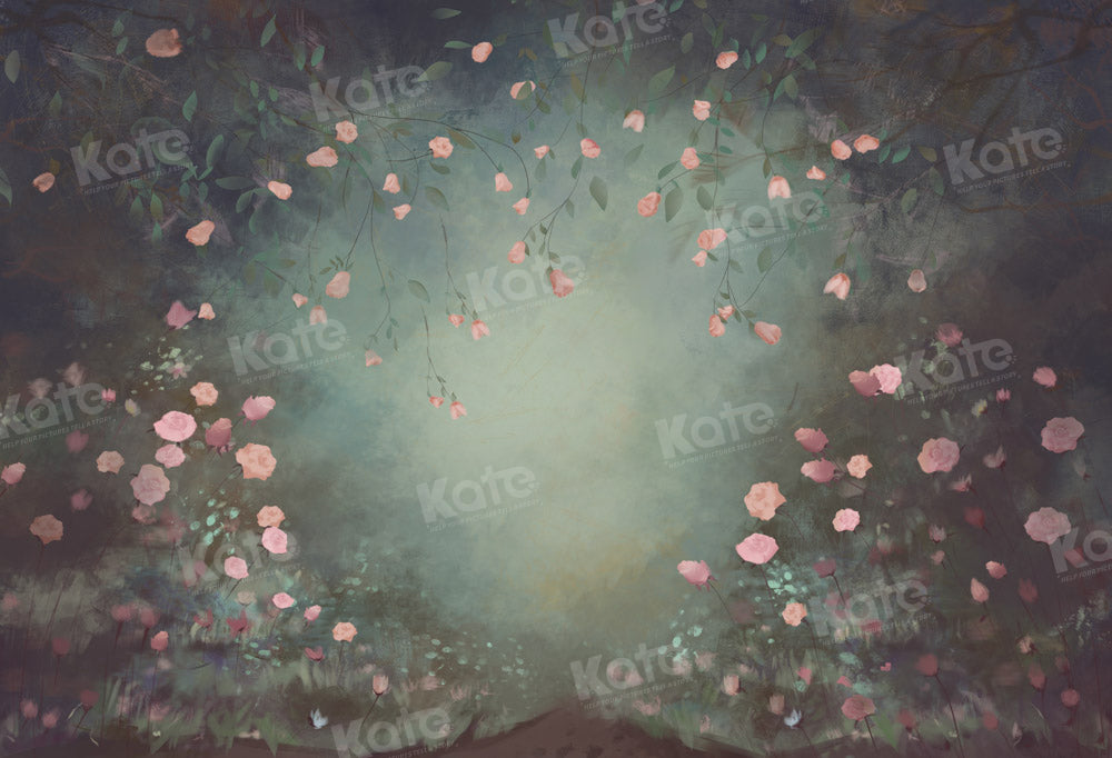 Kate Fine Art Pink Floral Dunkelgrüner Hintergrund von GQ