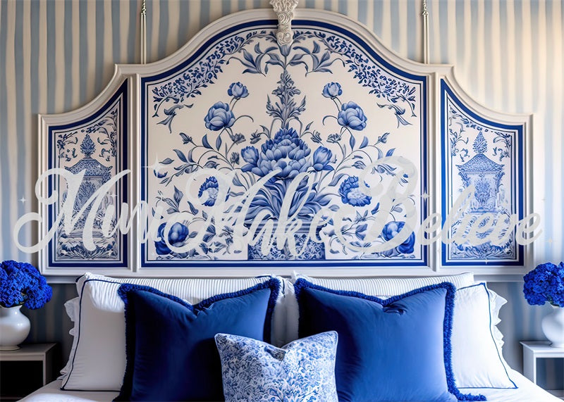 Kate Gemalt Blau und Weiß Delft Stil Boudoir Kopfteil Hintergrund von Mini MakeBelieve - Kate Backdrop.de