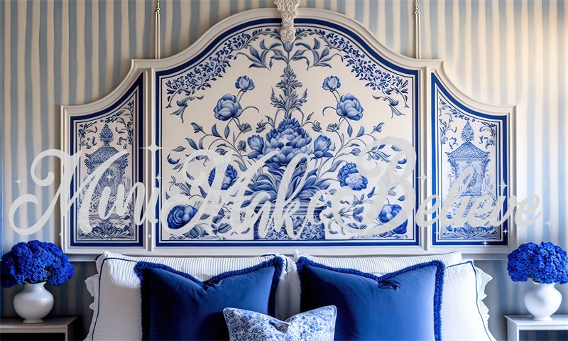 Kate Gemalt Blau und Weiß Delft Stil Boudoir Kopfteil Hintergrund von Mini MakeBelieve - Kate Backdrop.de