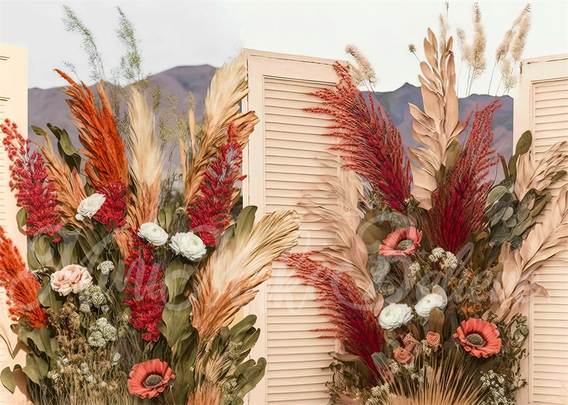 Kate Malerisch Boho Creme Holz Türen Getrocknete Blumen Pampas Hintergrund von Mini MakeBelieve - Kate Backdrop.de