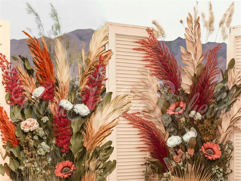 Kate Malerisch Boho Creme Holz Türen Getrocknete Blumen Pampas Hintergrund von Mini MakeBelieve - Kate Backdrop.de