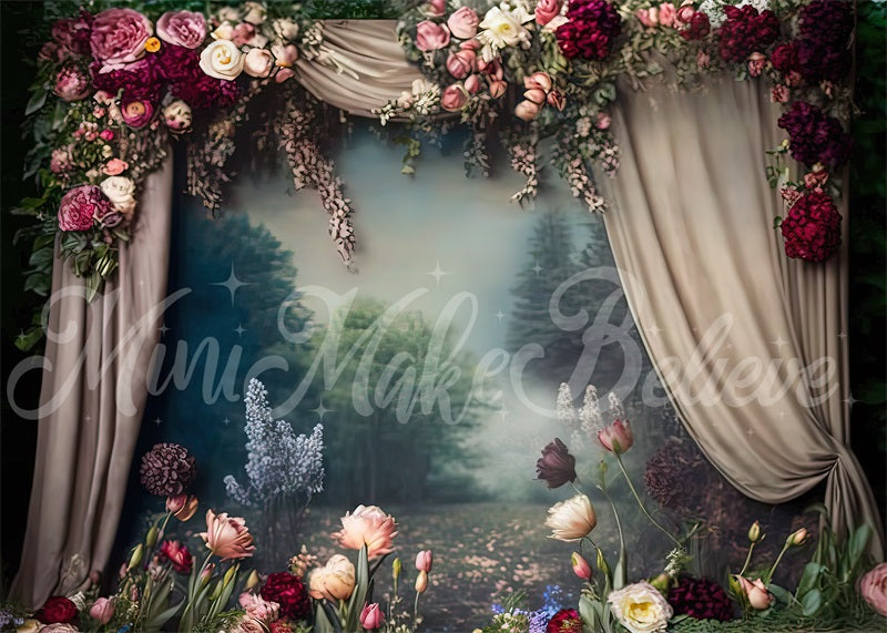 Kate Painterly Fine Art Blumen Vintage-Landschaft mit Vorhängen Hintergrund von Mini MakeBelieve