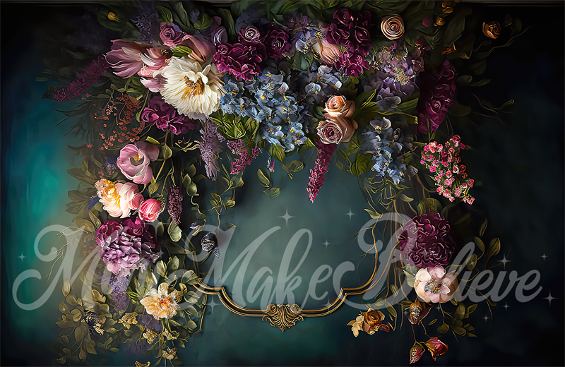 Kate Fine Art Floral Dark Teal mit Gold Trim Hintergrund von Mini MakeBelieve