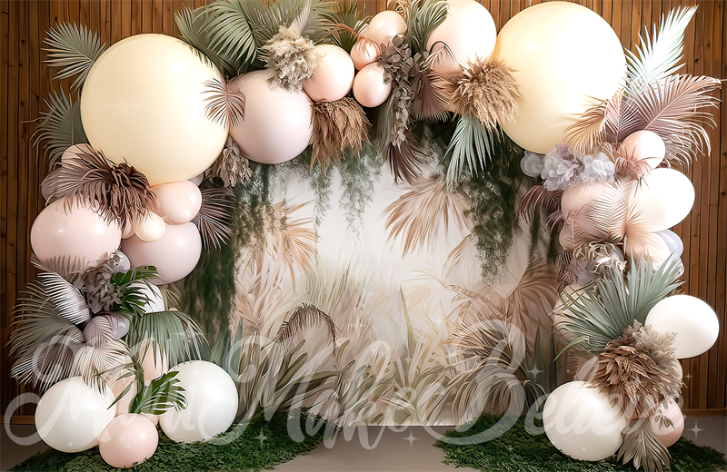 Kate Painterly Fine Art Boho Blume und große Ballon Bogen Cake Smash Geburtstag Hintergrund von Mini MakeBelieve - Kate Backdrop.de
