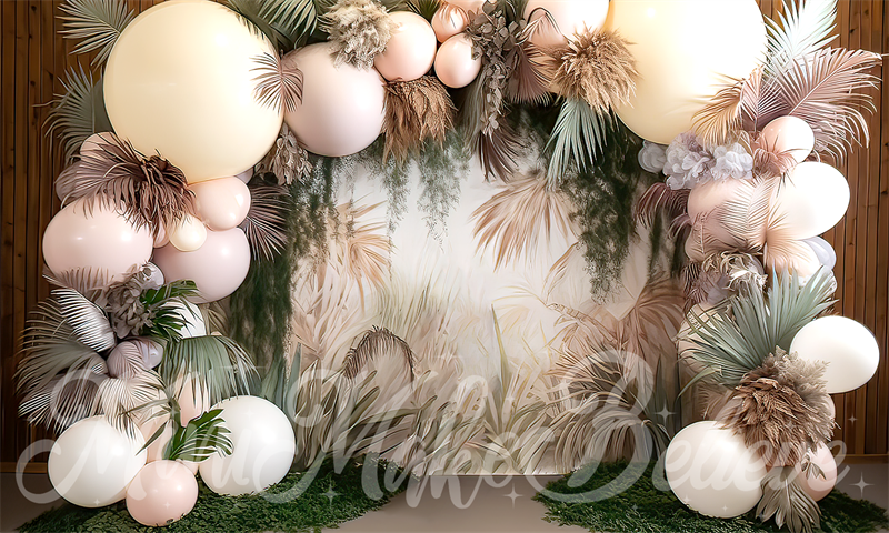 Kate Painterly Fine Art Boho Blume und große Ballon Bogen Cake Smash Geburtstag Hintergrund von Mini MakeBelieve - Kate Backdrop.de