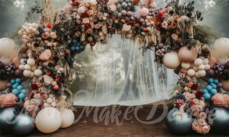 Kate Painterly Fine Art Forest Muted Pastell Bogen mit Vorhang Hintergrund von Mini MakeBelieve