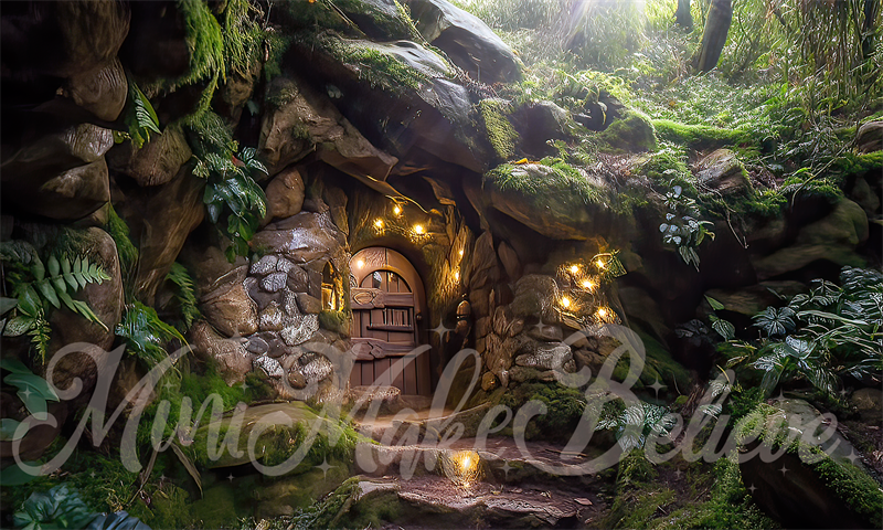 Kate Paintterly Hobbit Gnome Elf Fairy Home auf Felsen im Wald Hintergrund von Mini MakeBelieve