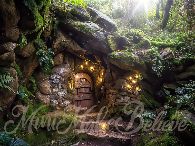 Kate Paintterly Hobbit Gnome Elf Fairy Home auf Felsen im Wald Hintergrund von Mini MakeBelieve