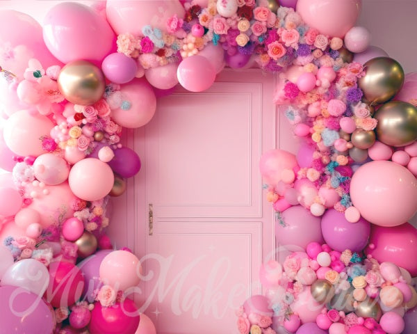 Kate Painterly Fine Art Blumen Ballonbogen Rosa Tür Hintergrund von Mini MakeBelieve