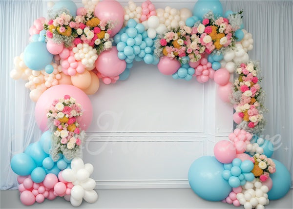 Kate Paintterly Baby Dusche Rosa Blau Ballon Bogen Geburtstag Kuchen Smash Hintergrund von Mini MakeBelieve