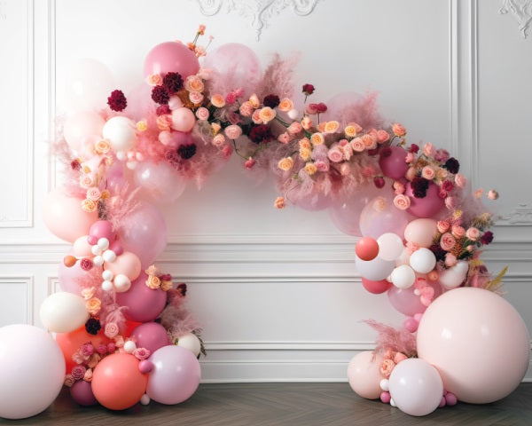 Kate Painterly Baby Frühling Blumen Ballon Bogen Innenraum Geburtstag Kuchen Smash Hintergrund von Mini MakeBelieve