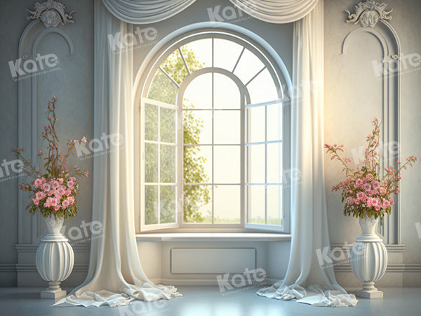 Kate Hochzeit Weißes Fenster Sonnenschein Schloss Blumen Hintergrund von Chain Photography