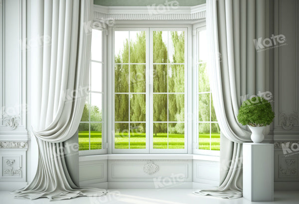 Kate Frühling/Sommer Vintage White Curtain Window Outside Tree Hintergrund von Chain Photography