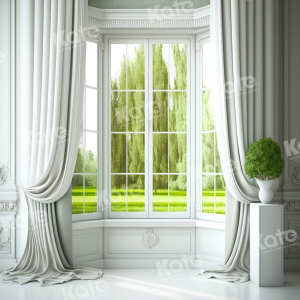 Kate Frühling/Sommer Vintage White Curtain Window Outside Tree Hintergrund von Chain Photography