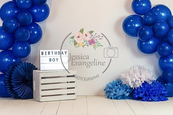 Kate Geburtstagstorte Smash Blue Balloons Boy Backdrop Entworfen von Jessica Evangeline Photography