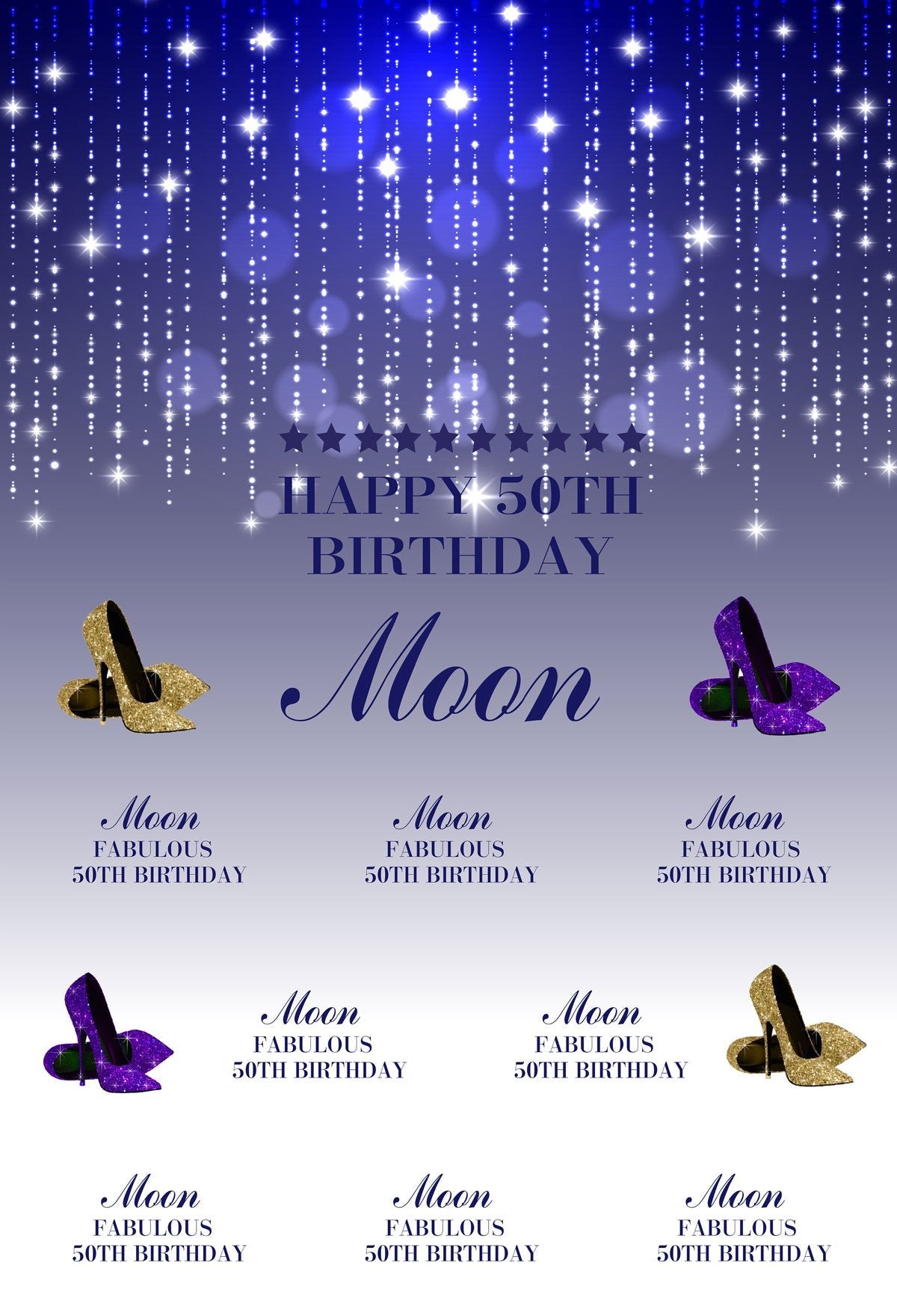 Katebackdrop：Kate 50th Birthday Party shiny Blue and White Backdrop with Purple and Golden high-heeled shoes Step and Repeat