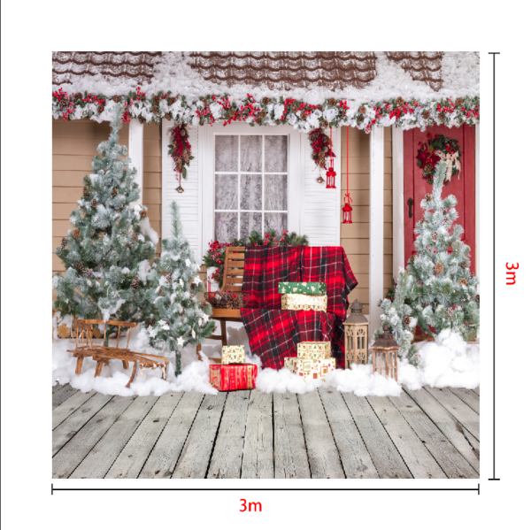 Kate Schnee außerhalb des Hauses mit Weihnachtsbäumen und Geschenken für Fotografie