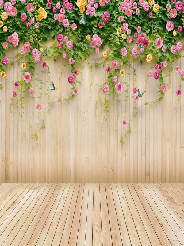 Katebackdrop：Kate Wedding Wood Wall Colorful Flowers Backdrop