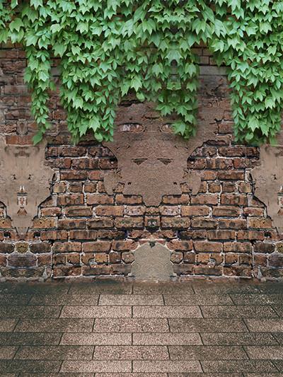 Katebackdrop Kate Retro Brick Wall and Floor Green Leaf Backdrop Outside