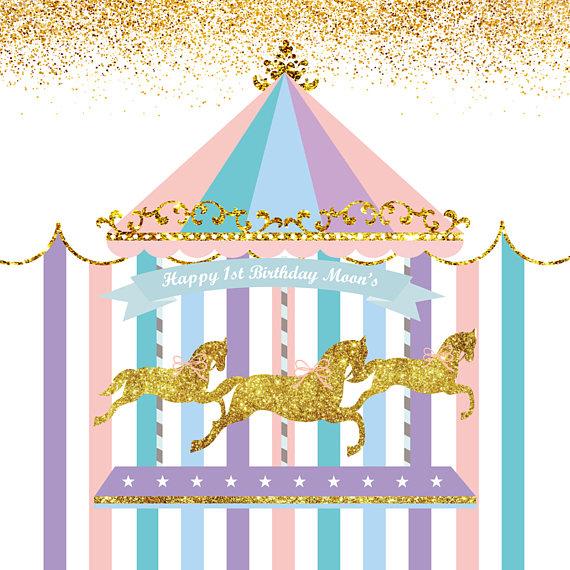 Katebackdrop：Kate Carousel Horses Circus Blue Banner Photography Backdrops for Boy Baby Shower