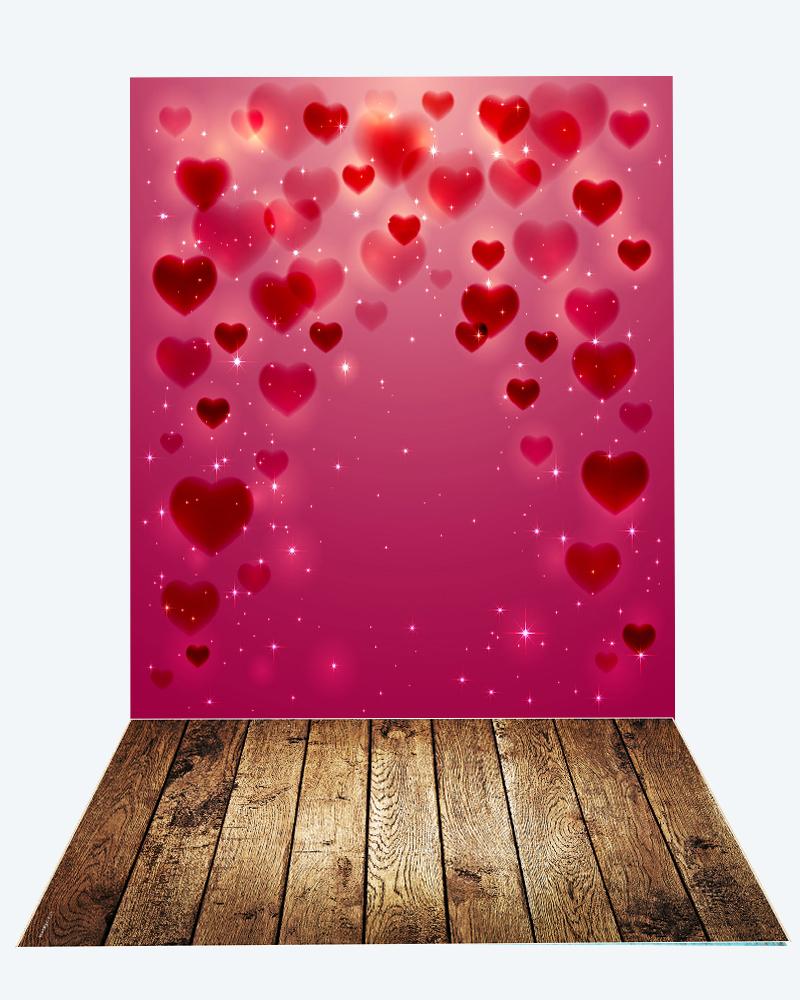 Katebackdrop：Kate heart Valentine's Day backdrop+brown dark wood floor mat