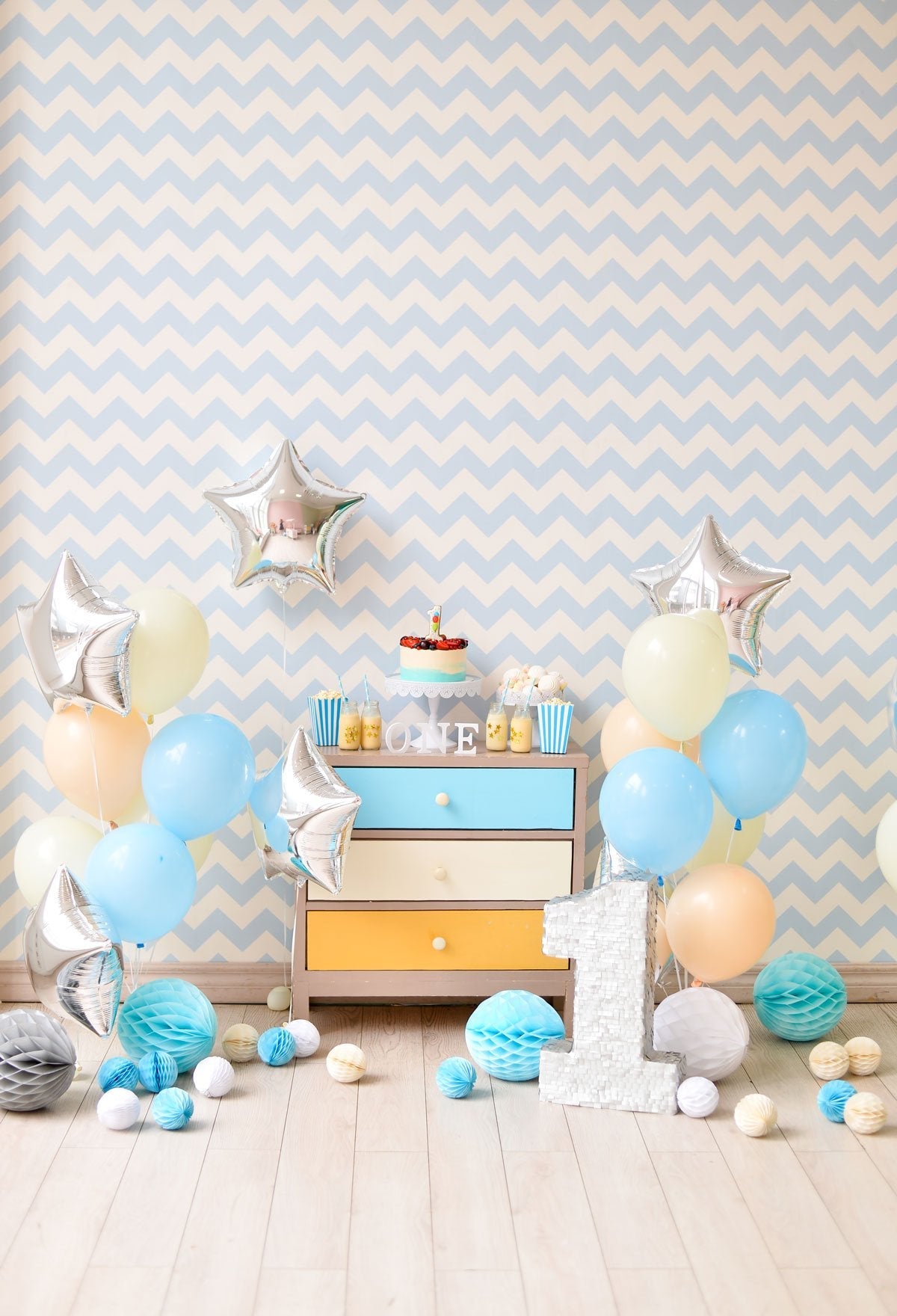 Katebackdrop：Kate 1st Birthday Silver Star balloon Chevrons and Strips Children Backdrop