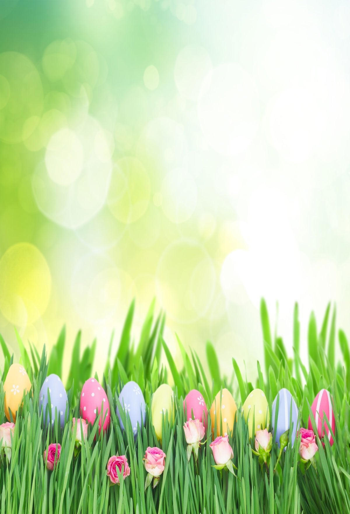 Katebackdrop：Kate Colourful Easter Egg Bright Green Grass Floret Backdrop