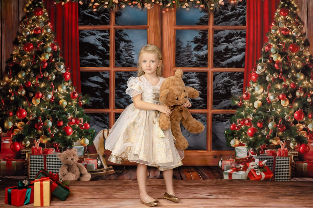 Kate Weihnachten Hintergrund Fenster Vintage Holz Bäume für Fotografie - Kate Backdrop.de