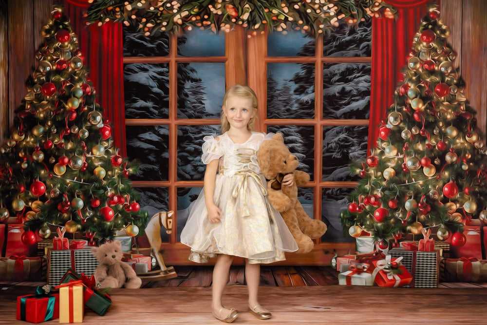 Kate Weihnachten Hintergrund Fenster Vintage Holz Bäume für Fotografie - Kate Backdrop.de
