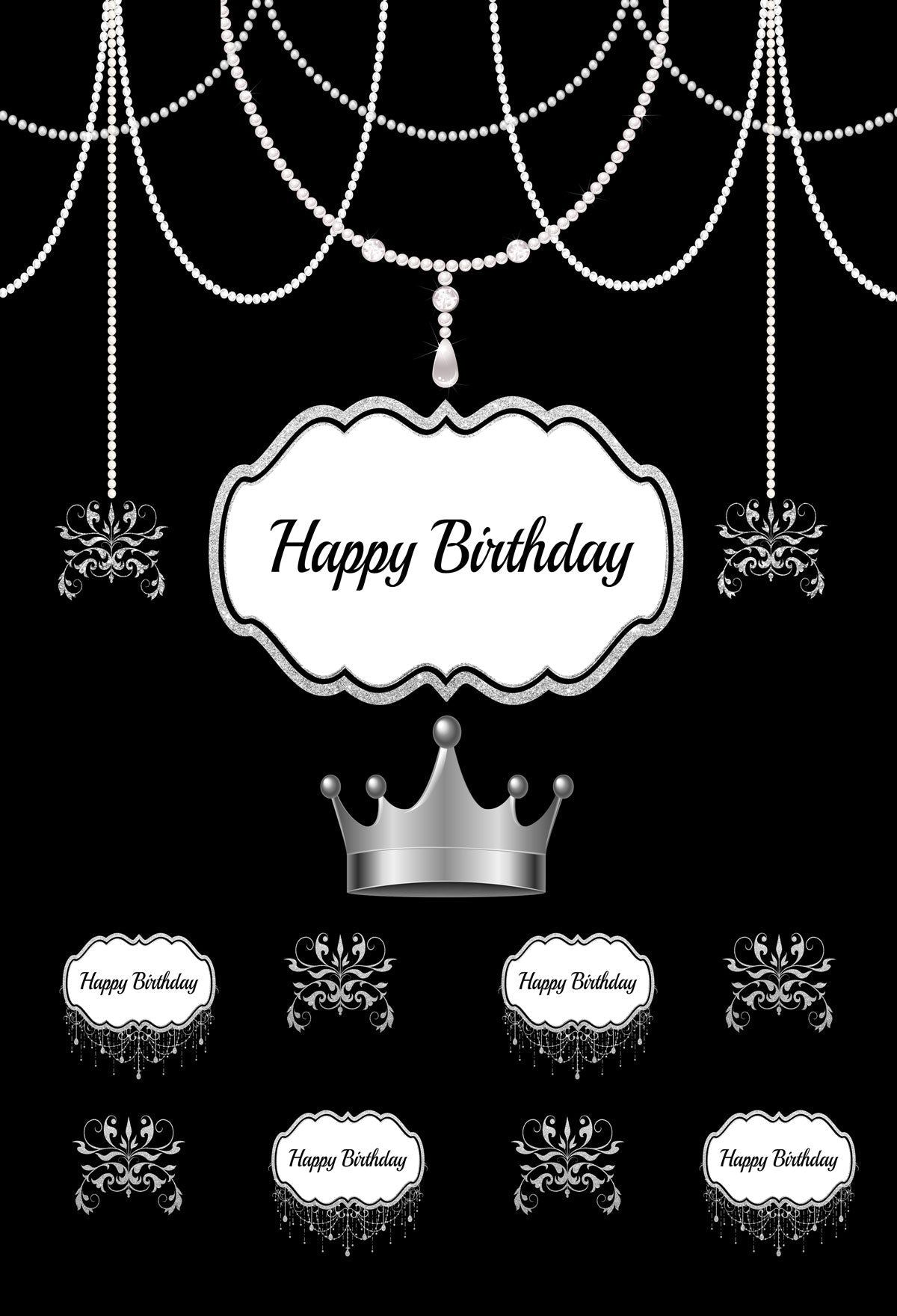 Kate Geburtstags-Party-schwarzer Hintergrund mit silberner Krone für Geburtstagsfeier Angepasst - Katebackdrop.de