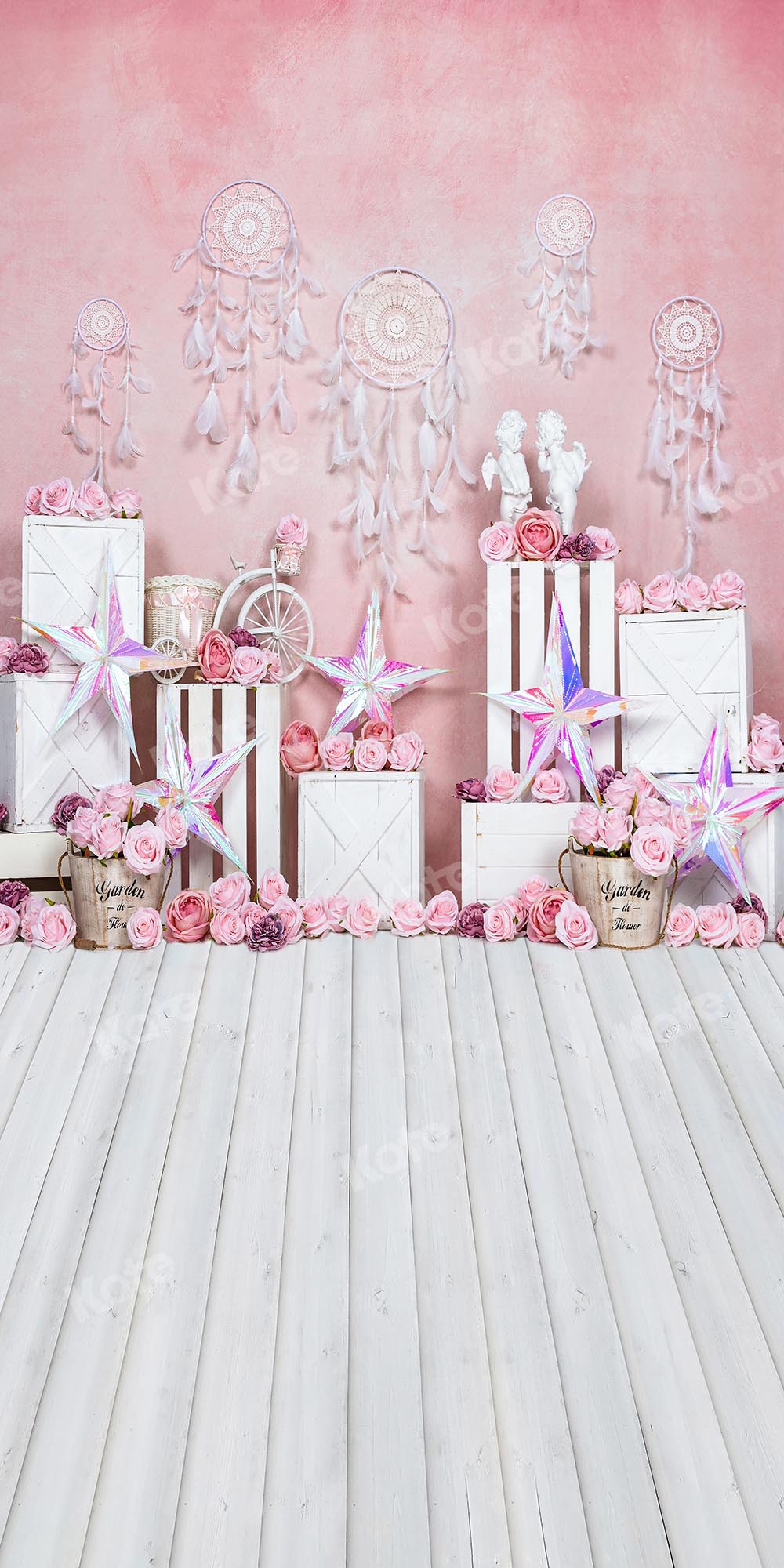 Kate Kombibackdrop Blumen rosa Holz Sterne Valentinstag Hintergrund für die Fotografie