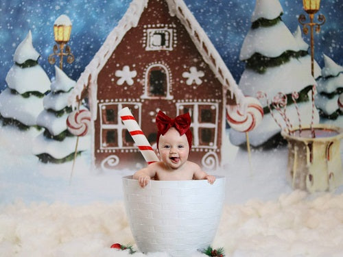 Kate Weihnachts-Lebkuchenhaus-Schneehintergrund Weihnachten für Fotografie