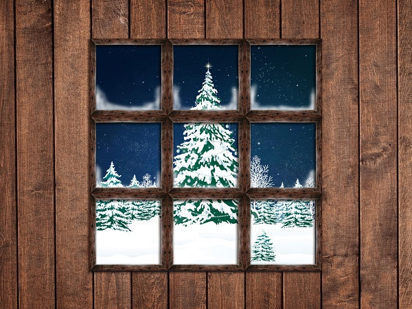 Weihnachtsfenster-Schnee-Ansicht-hölzerner Hintergrund