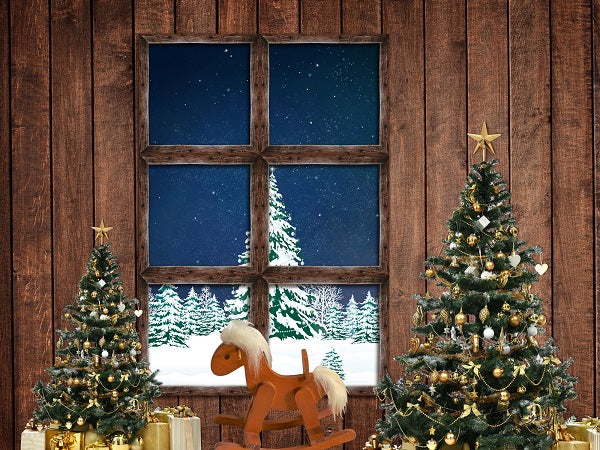 Weihnachtsbaum-Dekorations-Fenster-Ansicht-Holz-Hintergrund