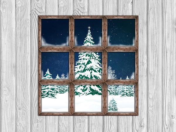 Weihnachtsfenster-Ansicht-weißer hölzerner Hintergrund