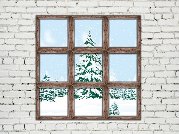 Weihnachtsschneebedeckter Fenster-Ansicht-Backsteinmauer-Hintergrund