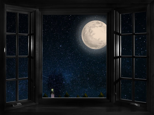 Fenster Nacht mit Mond und Star Aussicht Hintergrund
